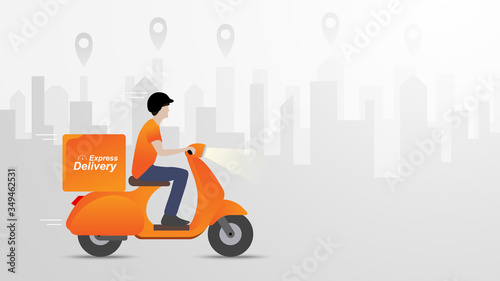 Express or fast delivery concept . Deliveryman on motorbike over city in flat design  Vector illustration .