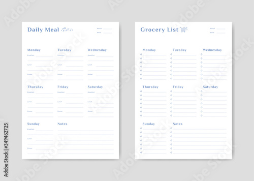 Meal menu schedule planner and shopping grocery list with checklist for print template simple design photo