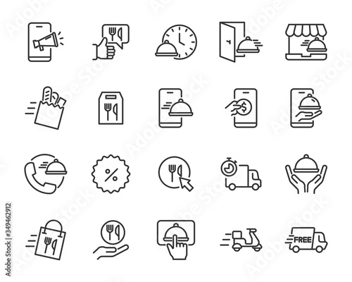 set of food delivery icons, restaurant, customer service