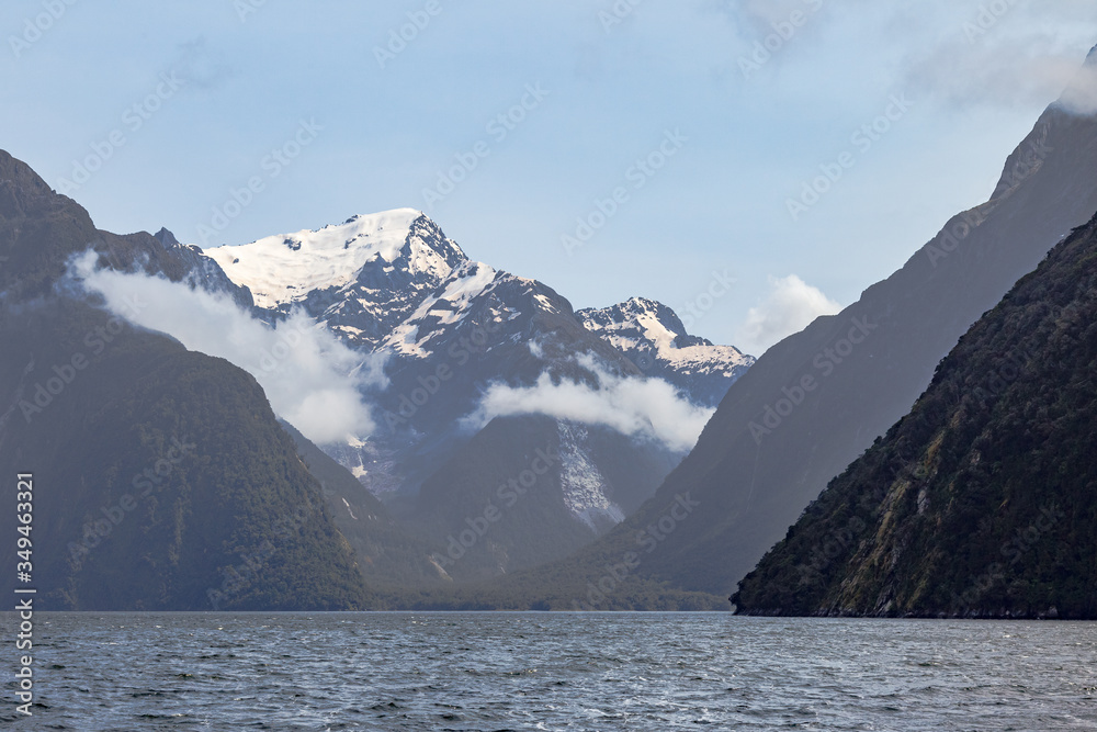 Fiordland National Park. Landscape with snow-capped mountains in the fjords of the South Island. New Zealand