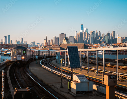 BROOKLYN, NEW YORK- MAY 1.2020:Train arriving to a metro station in Brooklyn