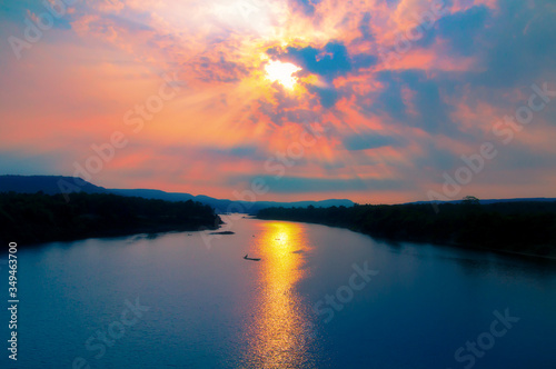 The beautiful nature at sunrise of the Mun River, Ubon Ratchathani Province, Thailand