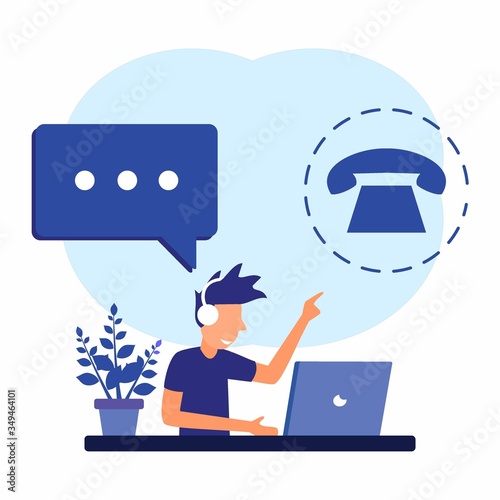 The young male receptionist sat at the reception desk serving by telephone. Modern vector illustration.