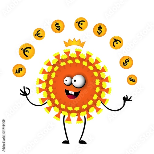 funny virus covid-19 character plays and flips coins. The concept of the impact of a pandemic on the global economy. Economic crisis