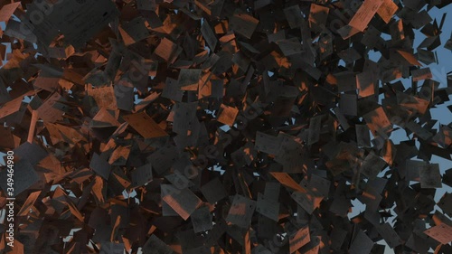 A huge pile of old letters falls against a clear blue sky at sunset. 3d rendering. Slowmotion. Rapid