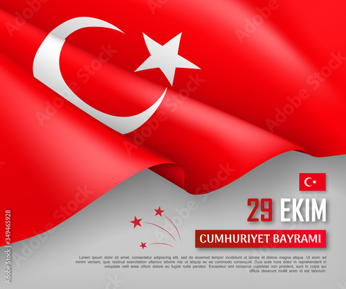 Turkish national day horizontal web banner with realistic waving flag. National traditional holiday vector illustration. 29 ekim Cumhuriyet Bayrami. Translation 29 october, republic day of Turkey.