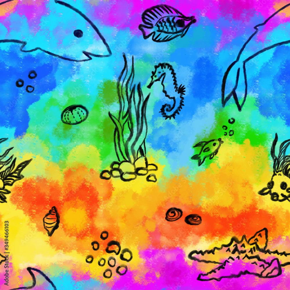 Hand drawn seaweed, shells, horsefish, shark, bubbles and fish in a seamless pattern on rainbow colors background.