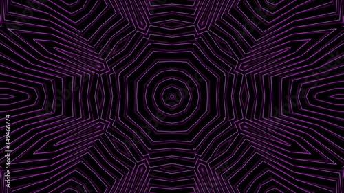 4K purple and black kaleidoscope sequence with lines and shapes. Background fast video footage. Music video, illusion, backdrop dynamic animation. Seamless loop. 