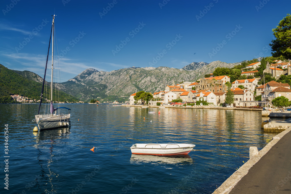 Sunny morning view of old town Perast of the Kotor bay, Montenegro.