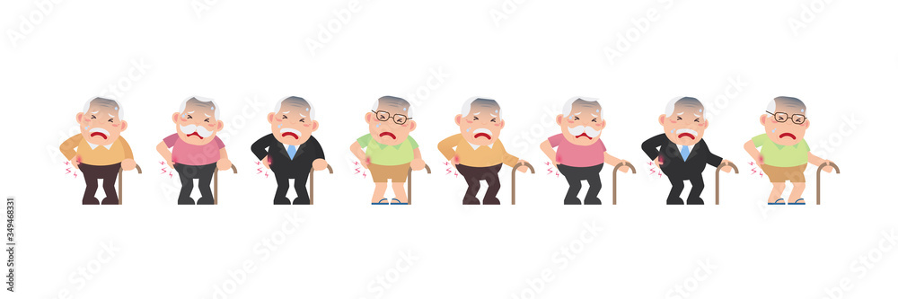 Character set of Old men or Grandfather, Older seniors retired are standing sore and touching her back at pain spine area, experiencing backache of hard work, An elderly cartoon design vector Character set of Old men or Grandfather, Older seniors retired are standing sore and touching her back at pain spine area, experiencing backache of hard work, An elderly cartoon design vector
