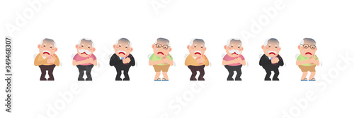 Character set of Old men or Grandfather, Older seniors retired are standing sore and hands touching his chest area, at pain symptom of Heart disease and acute heart attack, An elderly cartoon design