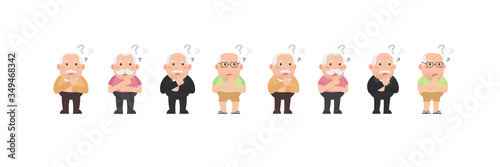 Character set of Old men or Grandfather, Older seniors retired are thinking about problem and a finger resting on the chin, surrounded by question mark, An elderly Cartoon design Vector illustration