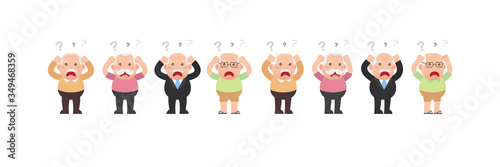 Character set of Old men, Older seniors retired are confused and thinking with question marks, hands on head, An elderly man cartoon design in 4 Different flat style Vector illustration