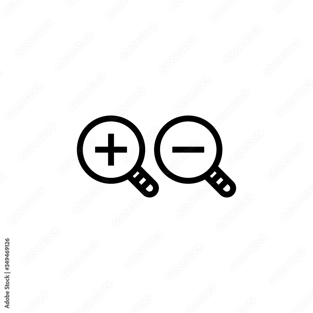 Zoom Icon, Enlarge and decrease symbols in outline style on white background Zoom Icon, Enlarge and decrease symbols in outline style on white background