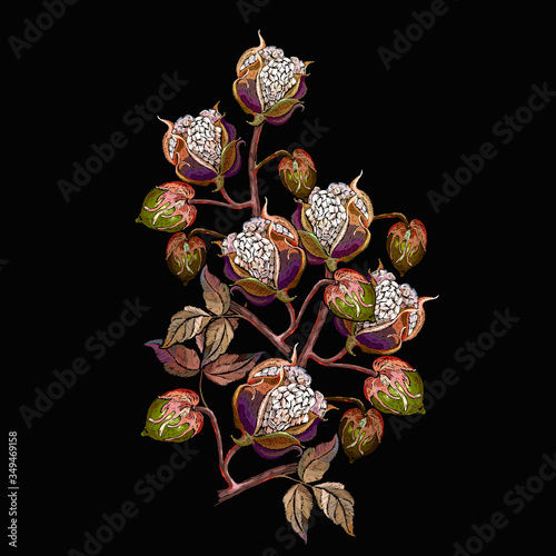 Branch of white cotton flowers. Spring asian floral art. Fashion template for clothes, textiles and t-shirt design. Oriental botanical background