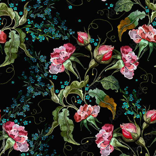 Embroidery datura flowers and meadow herbs. Seamless pattern. Template for design of clothes, t-shirt design. Botanical illustration. Summmer garden art