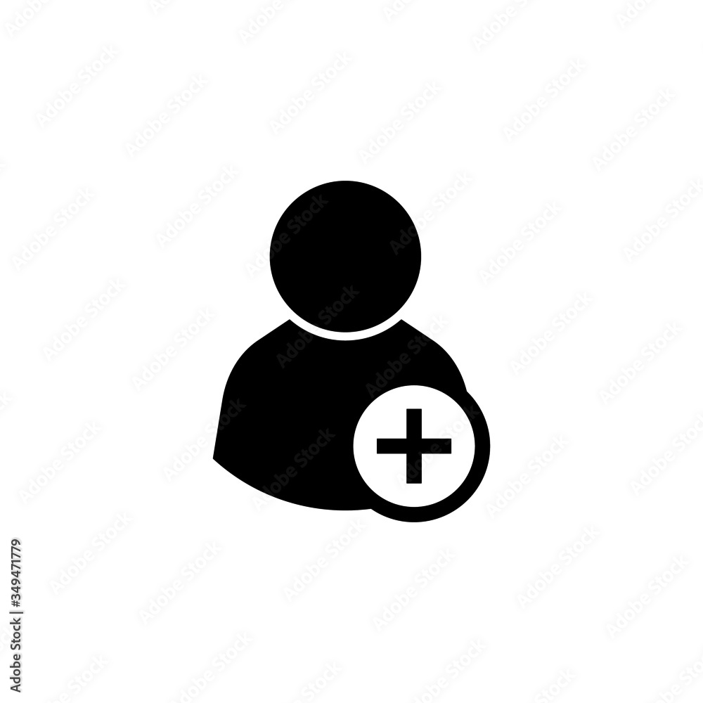 Add new user account icon, Add new friend to contacts in black flat design on white background Add new user account icon, Add new friend to contacts in black flat design on white background