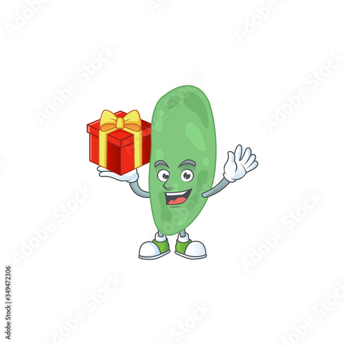 Thermus thermophilus cartoon mascot concept design with a red box of gift