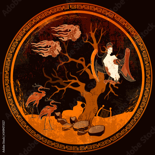 Greek vase painting concept. Harpy and old tree. Meander circle style. Red figure techniques. Ancient Greece art. Mythology and legends