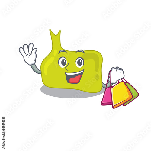 wealthy pituitary cartoon character with shopping bags