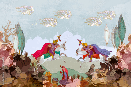 Ottoman Empire. Battle scene. Persian frescoes. Ancient civilization murals. Fairy tales and legends of the Middle East. Medieval miniature. Mughal art