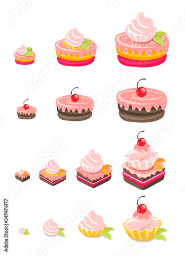 Cakes sizes set. Variety of Cake dessert with a cherry. Pastry fancy. Vector Isometric infographic illustration.