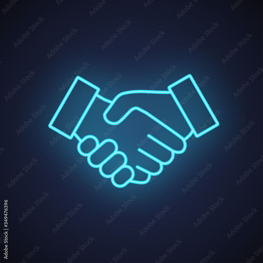 Handshake neon blue line icon. Glowing sign logo Handshake neon blue line icon. Glowing sign logo