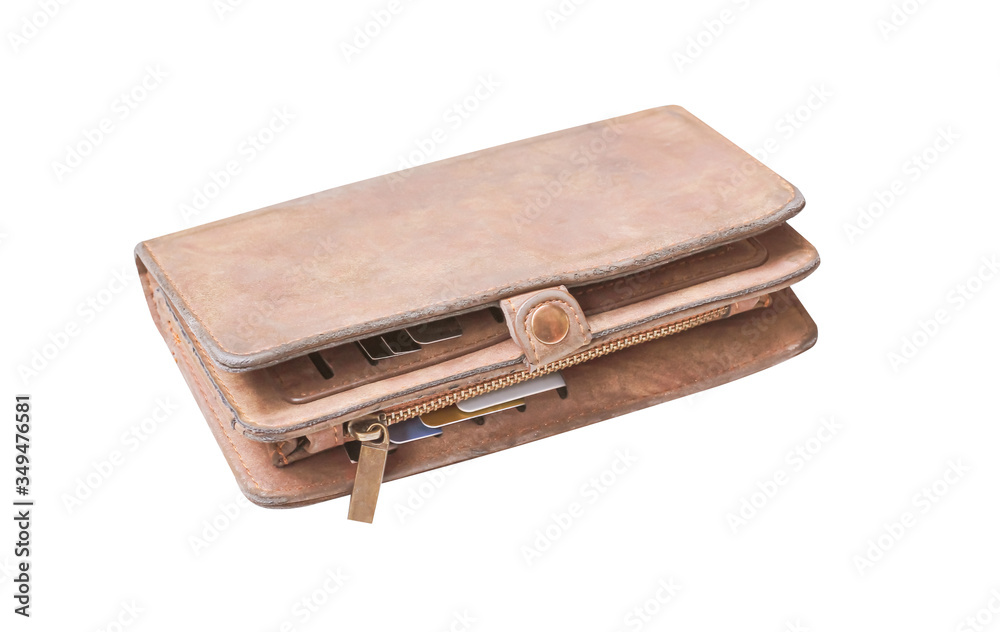 Old leather wallet with credit card isolated on white background , clipping path Old leather wallet with credit card isolated on white background , clipping path