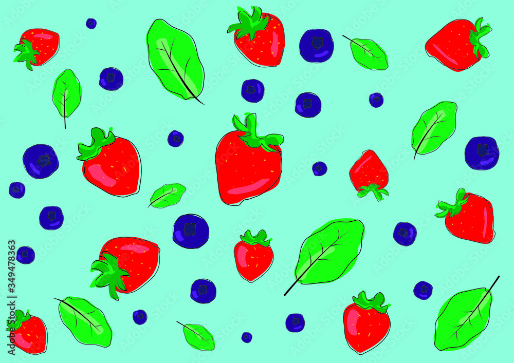 Fresh fruits illustrations collection isolated on a blue background. Strawberry, blueberry, mint leaf set vector drawing, organic food hand drawn. Summer Vitamin Concept. Berry pattern. Fresh fruits illustrations collection isolated on a blue background. Strawberry, blueberry, mint leaf set vector drawing, organic food hand drawn. Summer Vitamin Concept. Berry pattern.