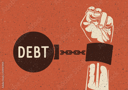 Debt concept. Hand silhouette cuffed to the weight with debt caption on red background. Financial dependence concept. Vintage styled vector illustration