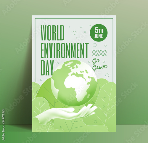 World environment day poster design template with Earth globe above human hand on botanical green leaves background. Go green eco flyer. Vector illustration