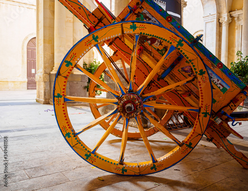 Carretto siciliano, traditional Sicilian wagon with decorations, Palazzolo Acreide, Sicily, 14/08/2019
