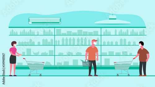 Social distancing in supermarket. Keep distance from other people. Save life from new coronavirus outbreak. Vector illustration.