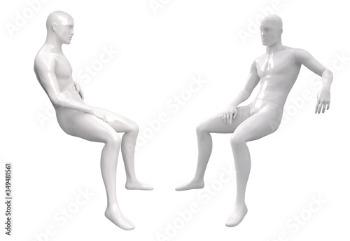 Mannequin of the male body. White plastic 3d illustration realistic model of a mannequin for a store. A man is sitting on the surface. Side views. Clothes sale. Shop window decor.