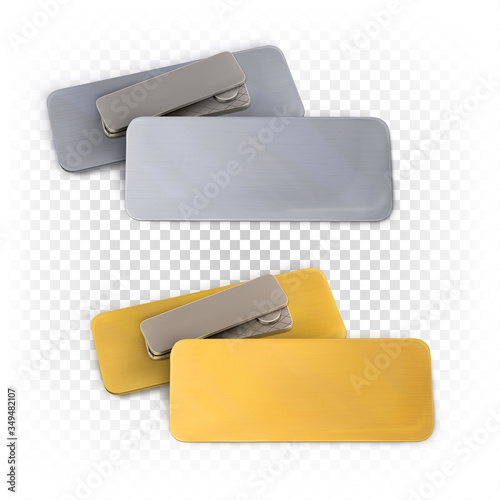 Set of blank metallic gold and silver rectangular badges on a magnet. Corporate, business template, mock up. Vector 3d illustration isolated on white background.