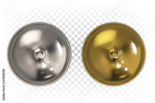 Restaurant dome for serving dishes of gold and silver color isolated on a white transparent background. Top view. 3d realistic illustration. Сlosed cloche.