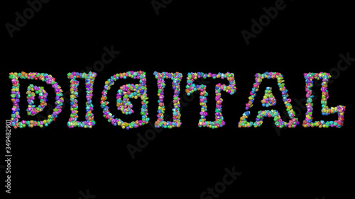 DIGITAL: 3D illustration of the text made of small objects over a black background with shadows