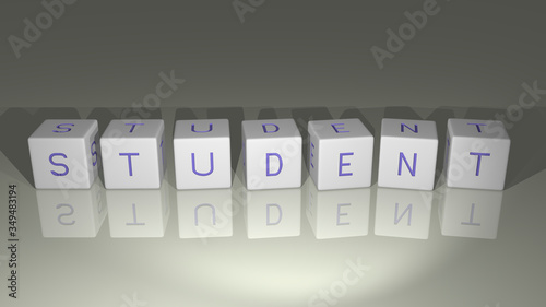 alphabetic Student arranged by cubic letters on a mirror floor, concept meaning and presentation in 3D perspective