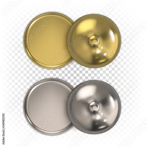 Gold and silver restaurant cloche with open cap. Top view. Stainless steel serving dome. Dishes for restaurants. Mock up. Vector 3d illustration isolated on white background.