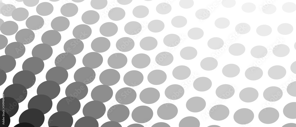 Fototapeta premium Black and gray circles on a white background. Halftone pattern with gradient. Monochrome spotted curves. Technology design. Vector abstract op art graphic. Diagonal lines. EPS10 illustration