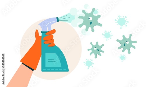 Coronovirus disinfection. Hand in red antibacterial glove green spray kills coronovirus, hygienic health safety disinfection of apartment office elimination vector infection flat covid19.