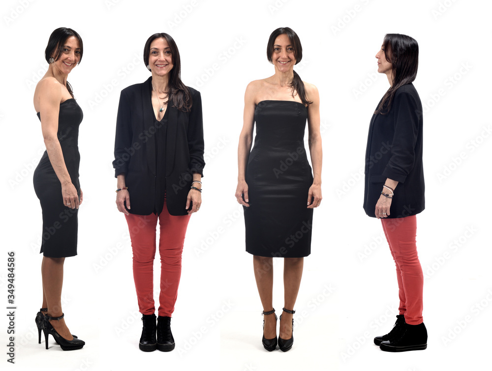 front and side view of an elegant woman wearing a strapless word and casual clothes on white background front and side view of an elegant woman wearing a strapless word and casual clothes on white background