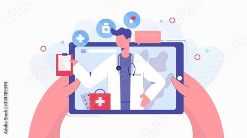 Cartoon human hands holding tablet chatting with doctor online vector flat illustration. Colorful male therapist giving prescription use digital display technology isolated on white background