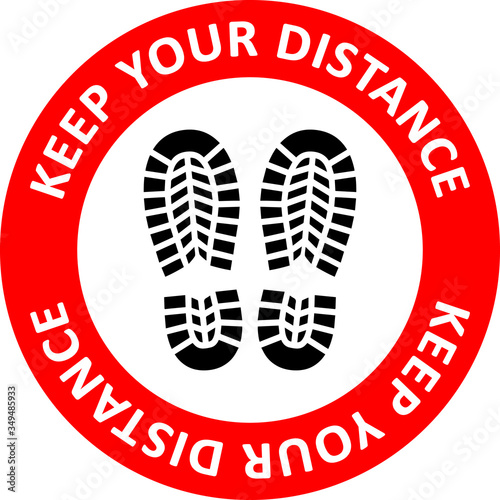 Social distancing concept. Vector of footprint sign red color with text keep your distance for print floor. Protection from Covid-19, Coronavirus outbreak spreading illustration, sign and sticker