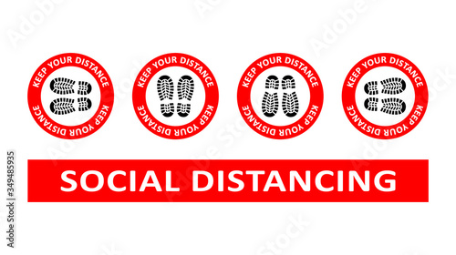 Social distancing concept. Vector of footprint sign red color with text keep your distance for print floor. Protection from Covid-19, Coronavirus outbreak spreading illustration, sign and sticker