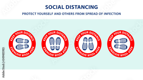Social distancing concept. Vector of footprint sign red color with text keep your distance for print floor. Protection from Covid-19, Coronavirus outbreak spreading illustration, sign and sticker