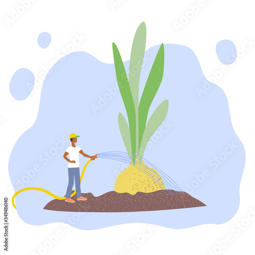 The concept of gardening and agriculture. Farmer cares for plant moisturizes the soil.  Onion with green sprouts. Organic food cultivation. Stock vector flat illustration isolated on white background.