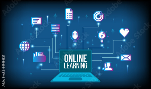 Online education concept with text place.Stay School Learn Study from home via teleconference web video conference call during coronavirus COVID-19 pandemic outbreak.E-learning infographic concept.