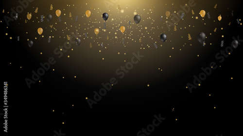 Golden confetti light falling on luxury black background.Grainy abstract texture design element.Glamour glitters can be used for christmass or other celebration greetings.Happy new year holiday.