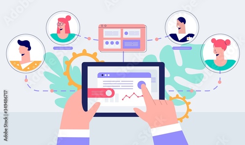 Human hands remote management of business teamwork vector flat illustration. Arms touching screen of tablet distant working on project with team isolated on white. Connection use digital technology